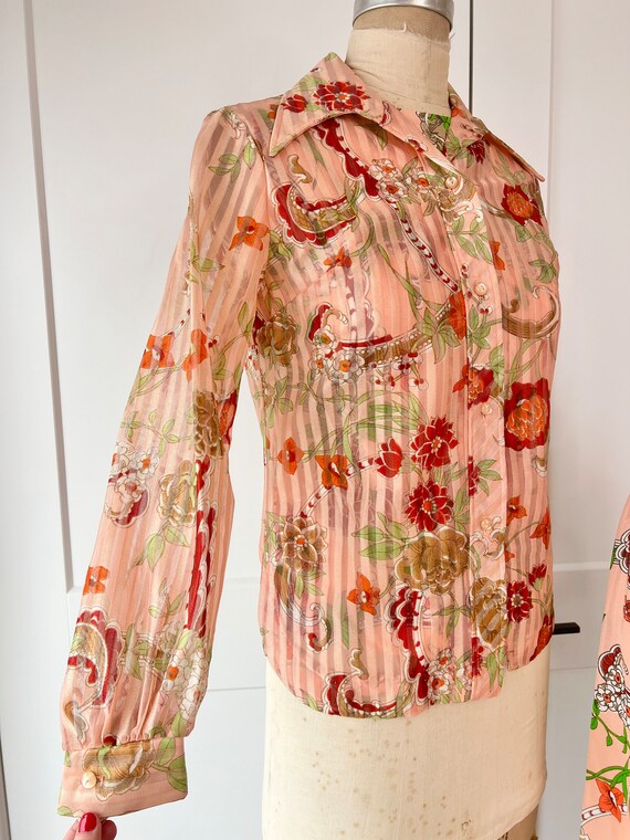 Rare 1970s Pink Retro Mod Floral Botanical Three … - image 10