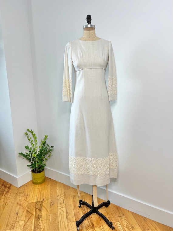 Vintage 1960s XS Handmade Empire Waist Linen Wedding Dress, 1960s  