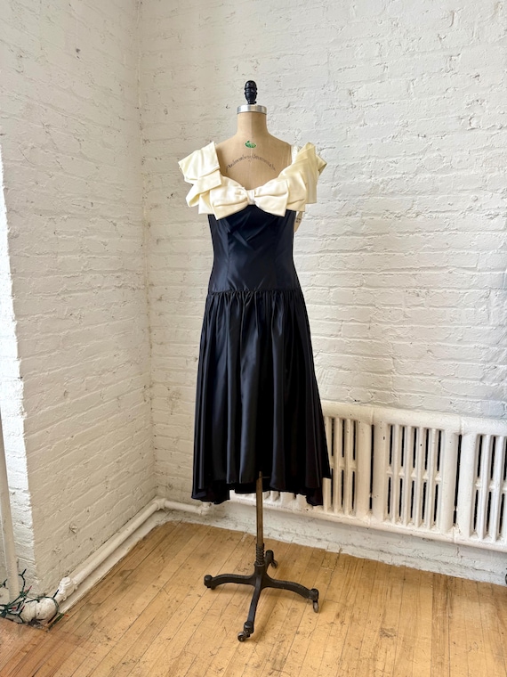 vintage black satin dress True Vintage 1980s Black Satin Dress With Oversized Ivory Bow | Formal Midi  Dress