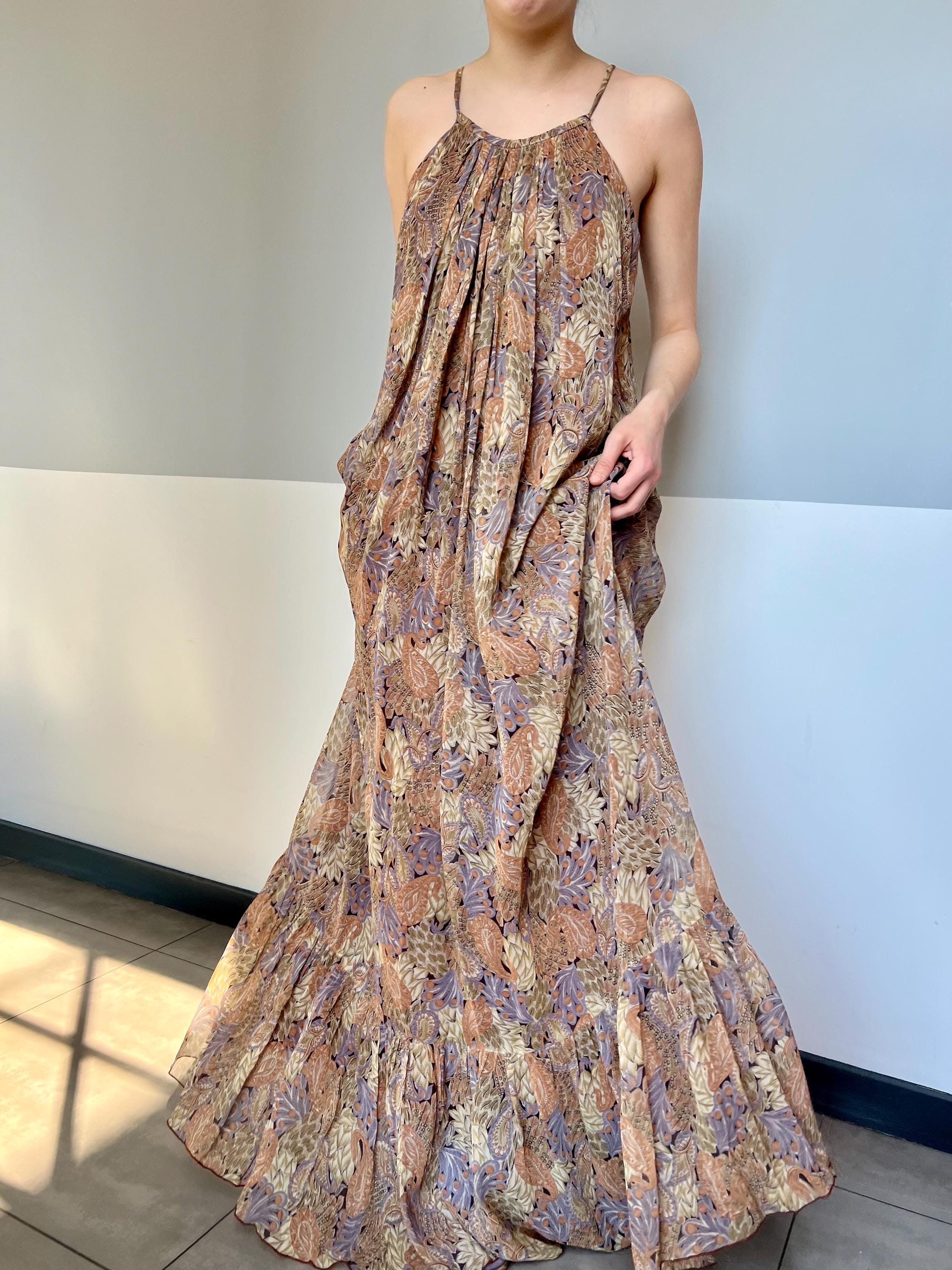 Vintage 70s Paisley Chiffon Maxi Dress: Bohemian Wedding Guest XS/S