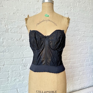 True Vintage 38D Black Lace Bustier, Sheer Mesh Lace Longline Lingerie Top, Black Strapless Bustier