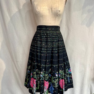 Vintage 1950s Bird & Hat Print Skirt: Pleated Cotton Circle Skirt