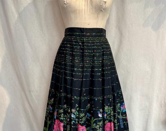Vintage 1950s Bird & Hat Print Skirt: Pleated Cotton Circle Skirt