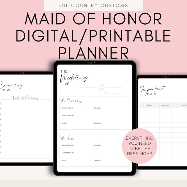 Minimalist Maid of Honor Digital Planner for Goodnotes, Canva, Evernote, Notability | Maid of Honor Planner Printable | Canva Template