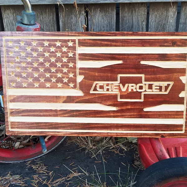 Wooden American Flag - Chevrolet Fan Gift - Rustic Home Decor - Hanging Man Cave Sign