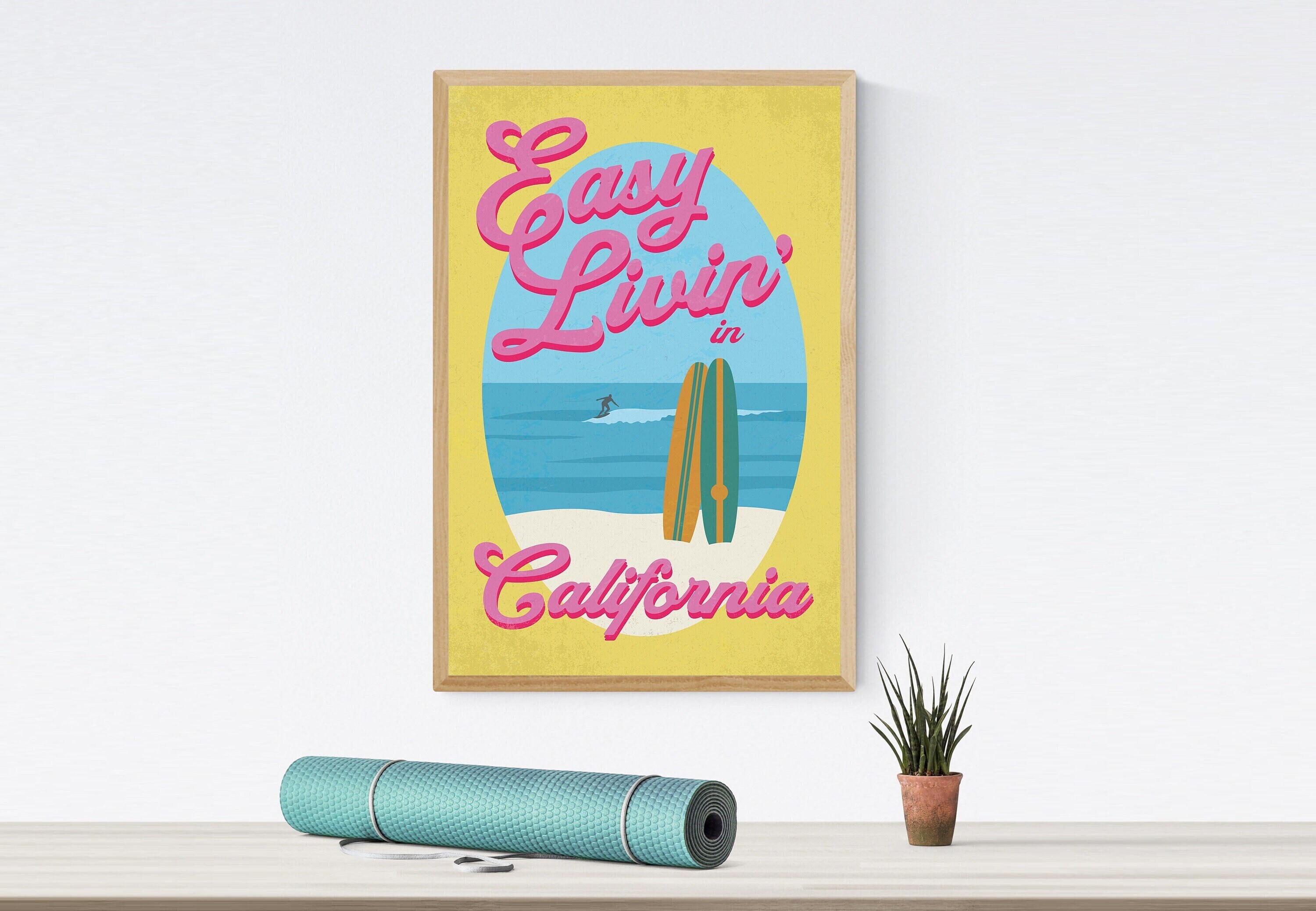 Printable Lightly Distressed Retro California Beach Travel Poster/Art Print/Wall Decor in Yellow, Pink & Blue - Digital File Download