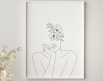 Head of Flowers Art Print, Boho Woman with Flowers, Botanical Illustration Print Portrait, Minimal Line Drawing, Living Room Decor