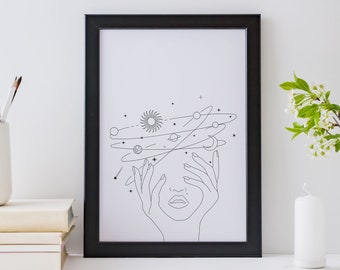 天体女性のプリント、抽象的な女性の線画、抽象的な肖像画、ボヘミアン風の壁飾り、星と月、印刷可能な線画