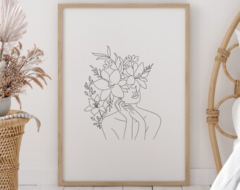Boho Art Print, Head of Flowers Art Print, Woman with Flowers, Floral Wall Art, Line Art Woman, Minimal Line Drawing, Living Room Decor