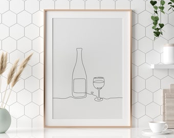 Wine Art Print, Wine Lover Gift, Bar Decor, Continuous Line Art, Kitchen Wall Art, Living Room Decor, Bar Decor, Bar Cart Art, Bar Print