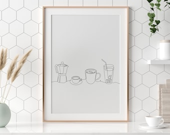 Coffee Print, Printable Coffee Wall Art, Coffee Line Drawing, Coffee Art, Coffee Gift, Kitchen Decor, Kitchen Wall Decor, Kitchen Print