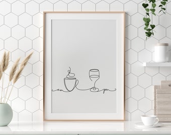 AM PM Print, Coffee Print, Wine Print, Coffee and Wine Print, Kitchen Wall Decor, Living Room Line Art, Continuous Line Art