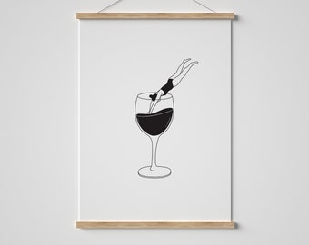 Retro Wine Print, Bar Cart Print, Wine Print, Wine Lover Print, Kitchen Art, Kitchen Wall Decor, Living Room Line Art, Alcohol Wall Art