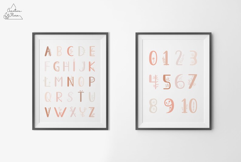 Floral Nursery Wall Art Printable, Alphabet Numbers Poster, Typography ...