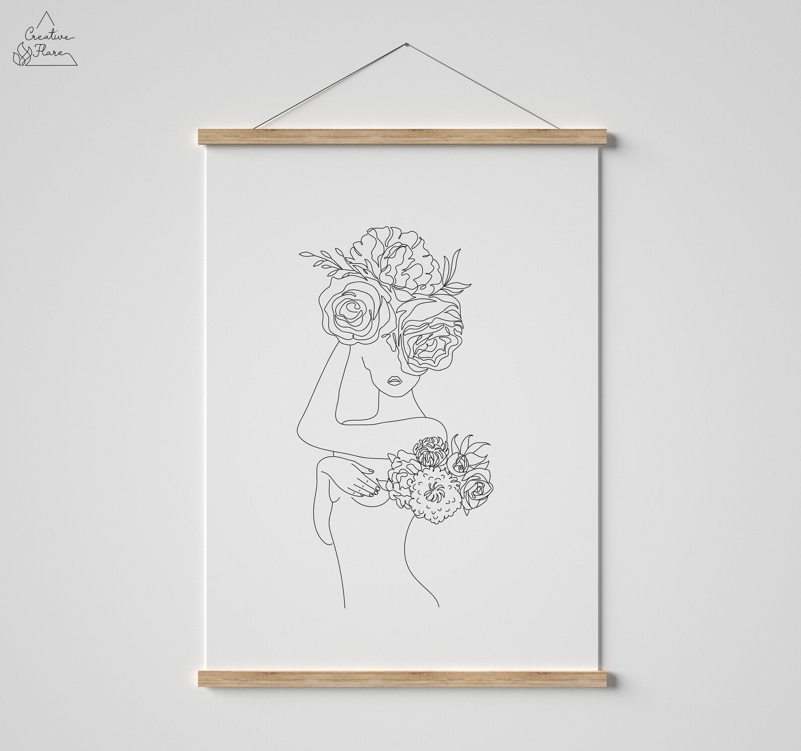 Boho Head Of Flowers Line Art Woman Woman Body Art Abstract Etsy