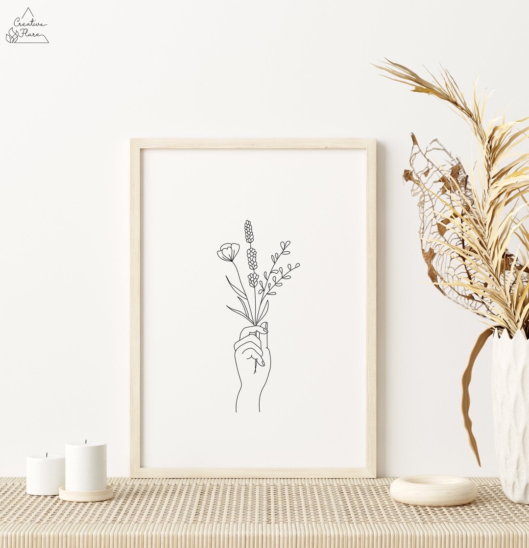 Flower Hand Line Drawing, Botanical Print, Hand With Flowers ...