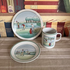 Rare Vintage  Apilco set  side plate, saucer, mug  with golfing scenes made from white porcelain with green trim