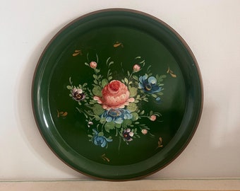 Beautiful, French Antique toleware tray in a gorgeous green. Hand painted flowers to the centre. Perfect for drinks in the garden.