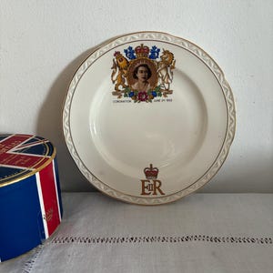 A lovely antique  June 2nd 1953  Royal Falcon Ware, Weatherby, Hanley  Coronation  side plate, tea plate in off white china Queen Elizabeth