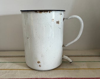 1920’s vintage  French antique enamelled steel  white marbled , navy trim medical wash pot. Store kitchen utensils, rolling pins or lavender