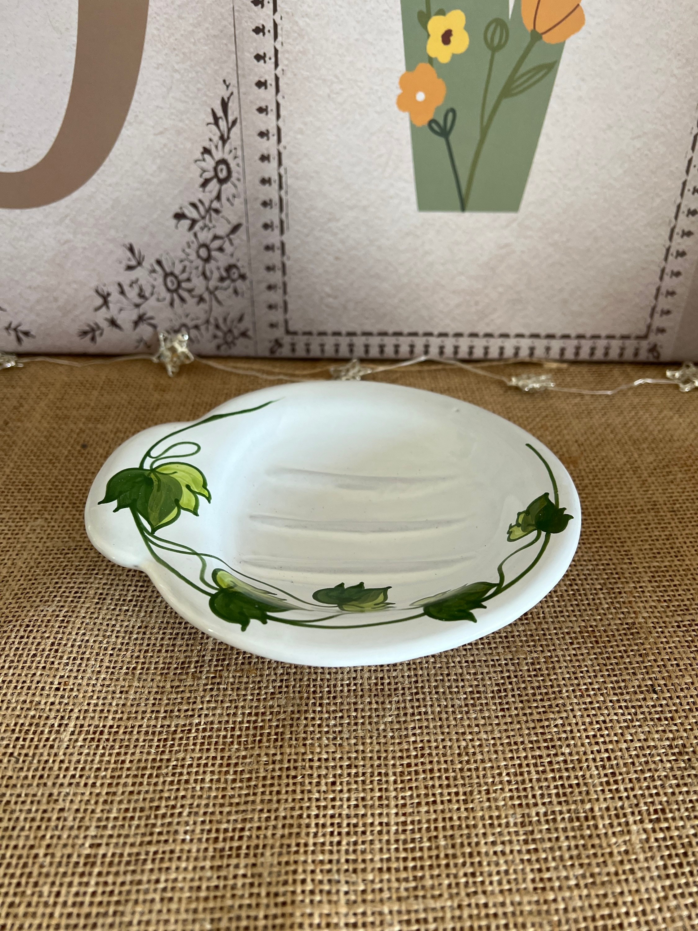 Vintage Wall Mount Soap Dish White/Green Ivy Porcelain Tray