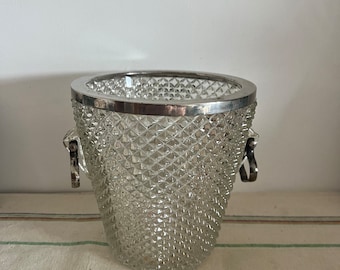 Mid Century English pressed glass ice or champagne bucket in a diamond pattern Silver plated band at the top and  ring handles