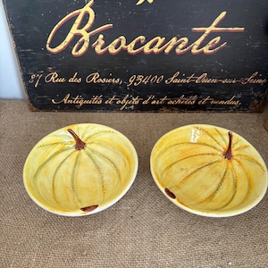 A beautiful pair of Portuguese hand painted glazed ceramic bowls with a  canteloupe melon design