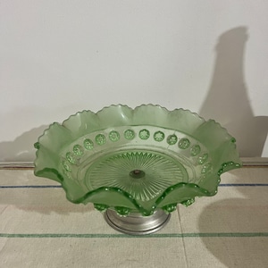 An original 1930s  Art Deco round fluted edge lime  green glass bon bon  dish bowl with pedestal base