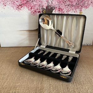May include: A set of eight silver spoons in a black velvet-lined box. The spoons are arranged in rows and are all the same size. The box has a gold clasp and is closed.