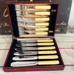 Può includere: Un set di posate antiche in una custodia rossa. Il set include forchette e coltelli con manici color avorio e lame argentate. La custodia è aperta, rivelando la disposizione delle posate. Un set vintage per aggiungere eleganza a qualsiasi esperienza culinaria.