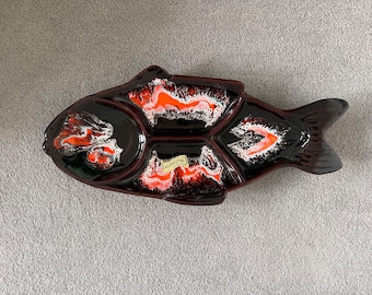A large stunning Vintage Vallauris stamped   French Fish shape orange and brown for section ceramic platter