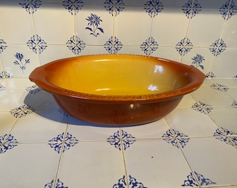 Jean Pierre Tallec oval yellow earthenware terrine pot with words 'Charcuterie de Porc Fermier' on the rim
