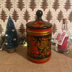 An original Khokhloma village Russian decorative red black and gold lidded pot