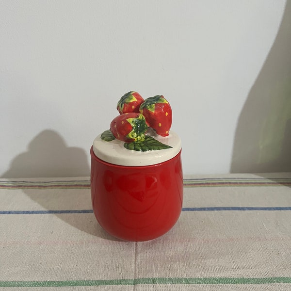 A  hand painted English studio pottery retro  eramic strawberry jam pot with lid