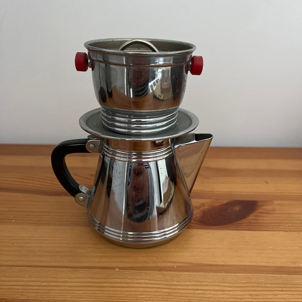 A French vintage trio of  chromed metal jug and one cup coffee percolator with basket for granules