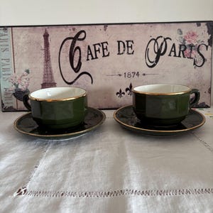 Exquisite French Vintage Apilco Set of two large size cappucino cups and saucers made from dark green porcelain with gold trim with logo
