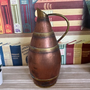 Large French antique  hammered copper decorative jug with wood / bone effect metal handle