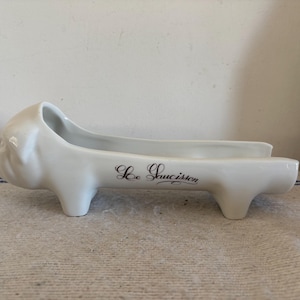 A delightful fun French vintage white porcelain Chauvigny &#39; Le Saucisson&#39;  pig salami serving  plate