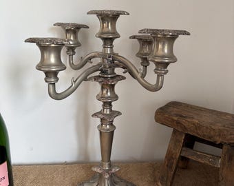 Candelabro victoriano plateado de 35,5 cm de altura: diseño de uvas y hojas, de 5 brazos o de una sola vela.