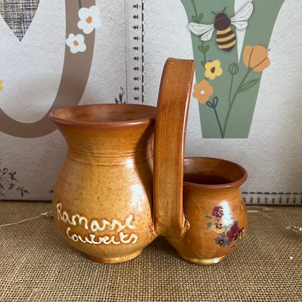 French vintage pottery Ramasse  Couverts duo container in caramel brown with pansy flowers painted on one side