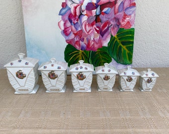 A beautiful original  Art Deco floral romantic musical couple  set of 6 French Vintage china porcelain kitchen storage canisters