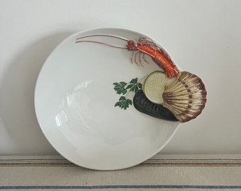 Vintage Seafood bowl dish  with Raised Hand-Painted Lobster & Shellfish Decor / Italian Pottery by V.B.C Cre Art Treviso Italy