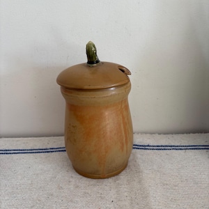 Può includere: Un barattolo di ceramica marrone con coperchio e manico piccolo. Il barattolo ha una forma arrotondata con una superficie leggermente strutturata. Il coperchio ha una piccola apertura per un cucchiaio. Il manico è verde.