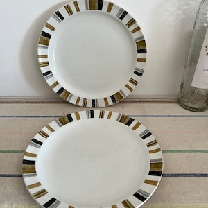 Peut inclure: Deux assiettes en c&eacute;ramique blanche avec un motif ray&eacute; noir, or et argent autour du bord.