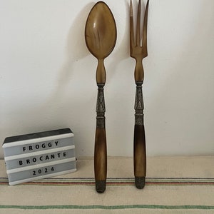 A decorative pair of French vintage horn and silver plated metal  salad servers