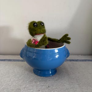 A French vintage  glazed blue French onion soup bowl  animal face handles