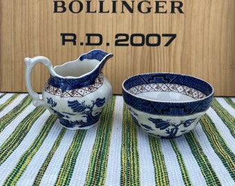 Booths Royal Doulton Real Old Willow blauw, wit en goud creamer, suikerpot