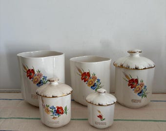 A rare beautiful Moisson semi - porcelain Art Deco floral set of 5 French Vintage China canisters with names  in gold ( missing 2 lids)