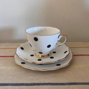 Rare vintage Royal Vale black polka dot bone china trio of cup and saucer & side plate from the glorious 1960s