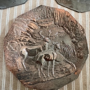 A fabulous vintage Ardennes stag design  wall hanging  copper plate, plaque